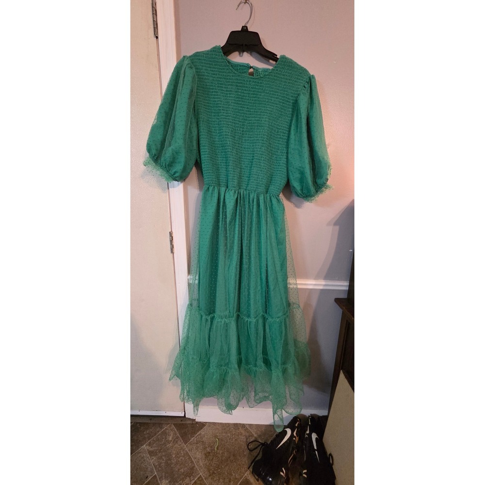 Sol Rhr Green Smocked Midi Dress Swiss Dot Puff Sleeve Tiered Mesh 1XL D1001